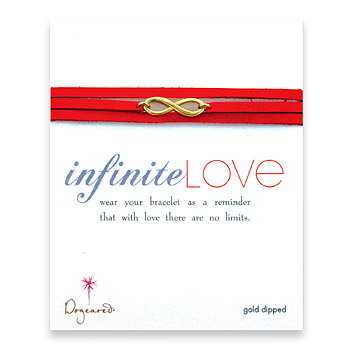large gold dipped infinite love bracelet on scarlet leather