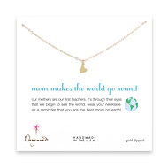 mom makes the world go round gold dipped necklace with sideways heart