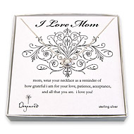 i love mom sterling silver necklace with large white pearl - 20 inch