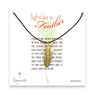 light as a feather medium gold dipped  feather necklace on teak leather cord