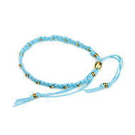 friendship bracelet with brass washers on turquoise waxed cotton