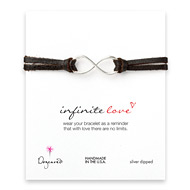 large infinite love silver dipped bracelet on chocolate leather