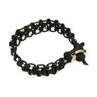 large black leather bangle bracelet with gold dipped beads