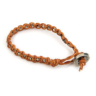small burnt orange leather bangle bracelet with oxidized beads