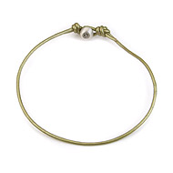 oxidized peace bead bracelet on moss leather cord