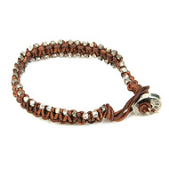 medium teak leather bangle bracelet with oxidized beads