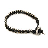 medium black leather bangle bracelet with oxidized beads
