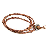 teak triple fishtail leather bangle bracelet with silver bronze button closure