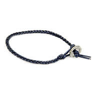 navy fishtail leather bangle bracelet with silver bronze button closure