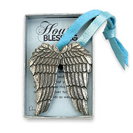 baby house blessing silver bronze angel wings with blue metallic tie