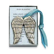 baby house blessing silver bronze angel wings with blue metallic tie