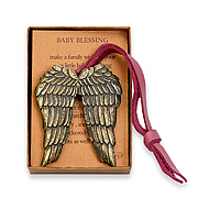 baby house blessing bronze angel wings with pink metallic leather tie