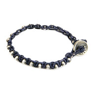 navy leather bangle bracelet with oxidized round beads