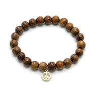 wood bracelet in teak with gold dipped peace sign