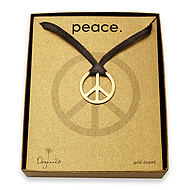large peace sign gold dipped necklace on chocolate leather strap