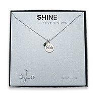 shine luck sterling silver necklace luck word disc, tiny four leaf clover, and green jade gem