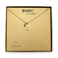 shine luck gold dipped necklace luck word disc, tiny four leaf clover, and green jade gem