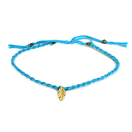 friendship bracelet with gold dipped feather on aqua thread