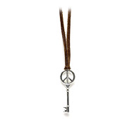 unlocked peace silver peace sign key necklace on earth leather - 36 inch