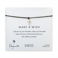 make a wish simple cross bracelet on black, sterling silver