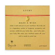lucky make a wish necklace with gold dipped lucky cat on red