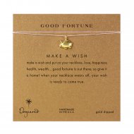 good fortune piggy bank necklace on pink, gold dipped