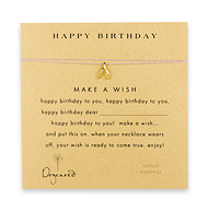 happy birthday make a wish necklace with gold dipped wishbone on lavender