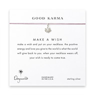 good karma lotus necklace on lavender, sterling silver