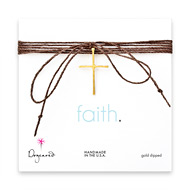faith large cross gold dipped necklace on chocolate hemp - 62 inches