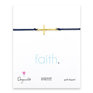sideways cross bracelet on navy cord, gold dipped