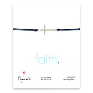 sideways cross bracelet on navy cord, sterling silver