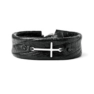 sideways cross cuff bracelet on navy leather, sterling silver
