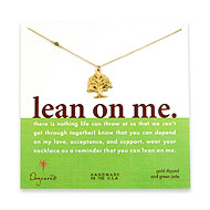gold dipped lean on me necklace with large tree, green jade bead