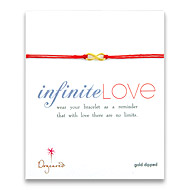small gold dipped infinite love bracelet on red irish linen