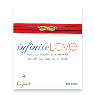 large gold dipped infinite love bracelet on scarlet leather