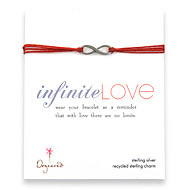 large oxidized infinite love bracelet on red irish linen