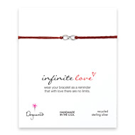 small infinite love bracelet on red irish linen, sterling silver