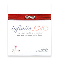 large oxidized infinite love bracelet on scarlet leather